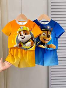 SHEIN | PAW Patrol 男嬰T恤套裝 4件組 休閒簡約 春夏適用 經典卡通動畫圖案印花 追追 鋼堡 經典漸層圖案印花 經典3D圖案印花 - 彩色 - 查看 2