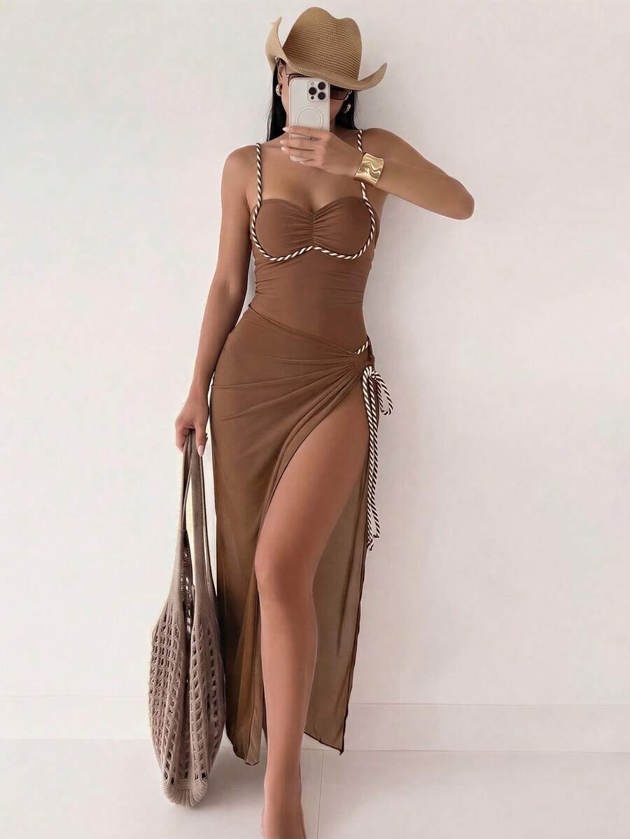 Bonvoyette Damen-Einteiler-Badeanzug für Frühling, Sommer und Herbst, Strandurlaub, neu, sexy, mit geflochtenem Seil, Farbverlauf-Digitaldruck und Farbverlauf-Netzrock, Premium-Badeanzug-Set - Mokka-Braun - Übersicht 1