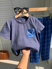 SHEIN 男童纯色针织圆领休闲T恤和格子裤两件套家居服 - 彩色 - 查看 5