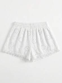 K-Vae Women's Spring/Summer Casual Vacation Embroidered Fabric Patchwork Lace Elastic Waist Shorts, Women's Summer Vacation Shorts, Women's Beach Shorts - White - View 5