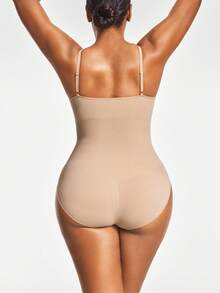 SHAPORA Plus Size Seamless Brief Spaghetti Strap Bodysuit Body Shaper Bust&Butt Lifter With Adjustable Strapes-Tummy Waist Control - Apricot - View 2
