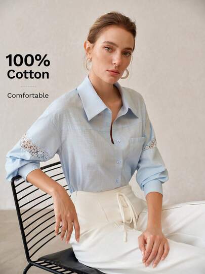 MOTF PREMIUM FASHIONABLE EXQUISITE DESIGN HIGH-END EMBROIDERED LACE WOMEN'S TURN COLLAR LONG SLEEVE BLOUSE