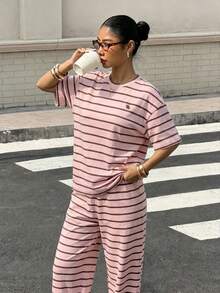 Muchica 女款休閒寬鬆T恤與長褲套裝，夏季穿搭，美式復古條紋，適合日常通勤、約會、派對、秋冬春夏、聖誕節、新年、感恩節、婚禮、海灘、畢業典禮，時尚優雅休閒，適合外出約會與通勤 - 彩色 - 查看 5