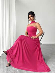 Elenzga Vestido largo de mujer de verano con bufanda de malla, pliegues en el pecho, dobladillo extra largo hasta el suelo, elegante, de moda y romántico - Rosa Fucsia - Ver 6