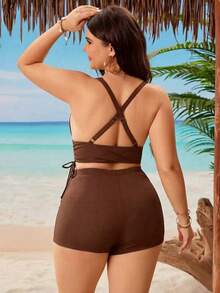 Swim Lushoire 2026 New Year Party Beach Inclusive Adjustable Plus Size Women's Solid Color Tankini Swimsuit Set Brown Summer Sexy - Coffee Brown - View 3