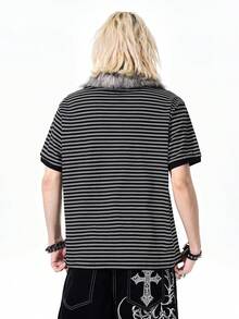 ROMWE MEN Casual 男士條紋骷髏印花短袖休閒通勤 Polo 衫 - 黑色 - 查看 3