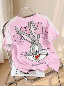 LOONEY TUNES X SHEIN 女士休闲字母卡通图案圆领短袖T恤，夏季 - 白色 - 查看 1