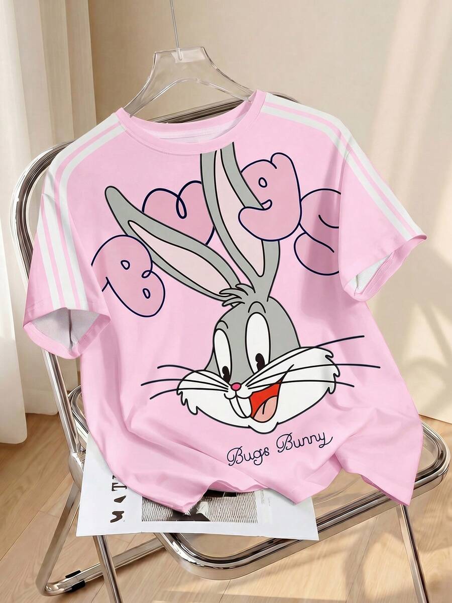 LOONEY TUNES X SHEIN 女士休闲字母卡通图案圆领短袖T恤,夏季 - 白色 - 查看 1