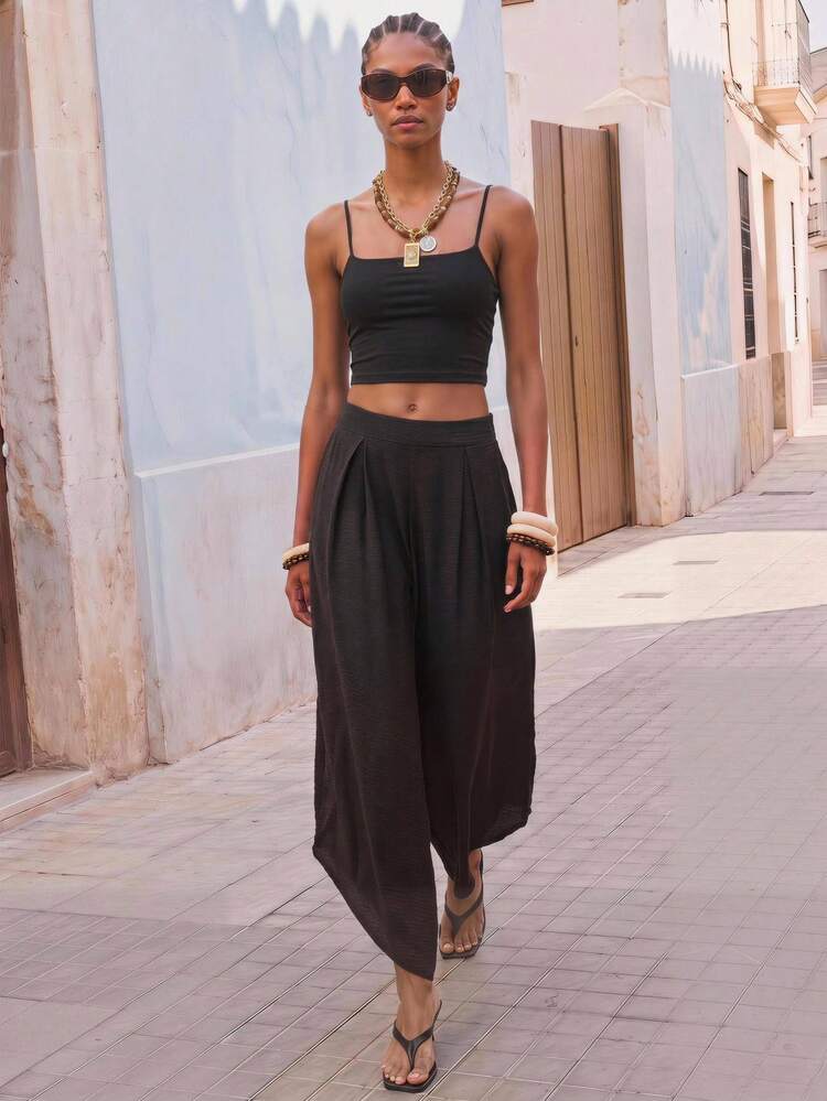 SHEIN Maija Women's Solid Color Elastic Waist Wide Leg Loose Casual Long Pants,Pantalon Fluide Femme,,Going Out Outfits,Summer Holiday Outfits
