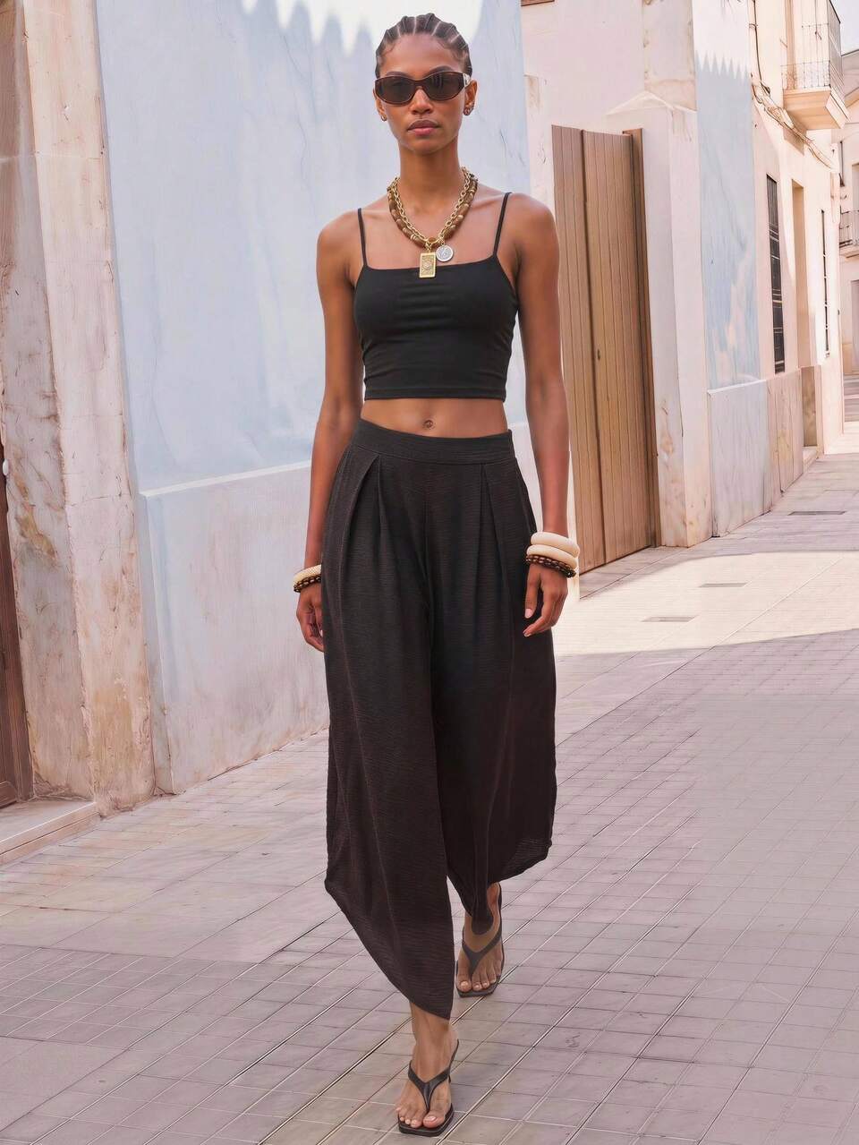 SHEIN Maija Women's Solid Color Elastic Waist Wide Leg Loose Casual Long Pants, Pantalon Fluide Femme, Vacation Outfits, Summer Holiday Plain Black City Break