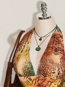 SHEIN ICON Plus Size Leopard Print Halter Neck Tie Waist Ruched Multi-Layered Tiered Mesh Dress - Multicolor - View 6