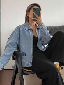 DAZY Women's Leopard Print Loose Casual Denim Jacket - Blue - View 3