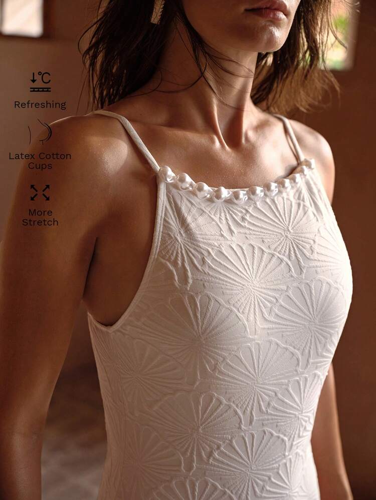 EXQUISITE ELEGANT TEXTURED KNIT HAND-STITCHED ASYMMETRIC PEARL DECOR EASY VACATION BEACH PARTY WOMEN'S ONE-PIECE SWIMSUIT