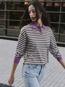 Nöista Striped Polo Knit Shirt In Olive, Mauve And Cream Tones Featuring Contrast Collar And Cuffs. Comfortable Everyday Essential For Fall Winter - Army Green - View 4