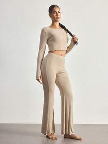 Ocili Women's Solid Color Long Sleeve T-Shirt And Flare Pants Casual Pajama Set - Khaki - View 4
