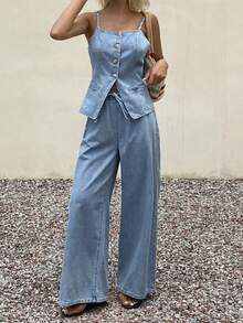Livesso Women's Casual Denim Set With Bandeau Top, Split Hem, Cinched Waist And Long Pants Vacation Summer Light Blue - Blue - View 5