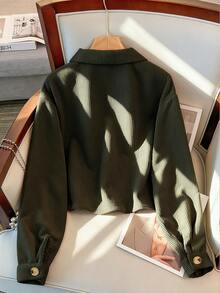 EMERY ROSE Casual Solid Color Cropped Jacket, Versatile For Commuting, Autumn Green Jacket Crop Jacket - Army Green - View 2
