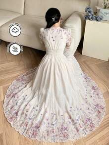 Modelyn V-Neck Waist-Defining Bubble Sleeve Printed Flared Dress, Fashionable For Spring/Summer Tea Party Vacation Off White Floral Elegant - Multicolor - View 3