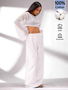 SHEIN BASICS 女款休閒百搭素色寬腿長褲 - 白色 - 查看 6