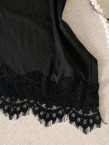SHEIN 女童休閒個性化細肩帶背心上衣，黑白針織面料，不對稱肩帶與下擺，適合旅行、度假、散步、外出，可搭配長褲、短褲、裙子、外套 - 黑色 - 查看 4