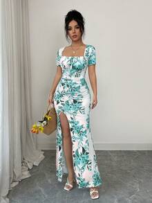Rafferiza Women's Summer Short Sleeve Dress Digital Print Vacation Dress Beach Holiday Dress Hem Slit Waist Gathered Long Dress - Mint Green - View 3