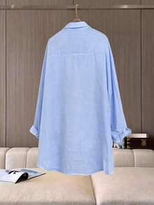 Franclia Plus Size Women's Solid Color Single-Breasted Casual Versatile Daily Outing Shirt - Baby Blue - View 2