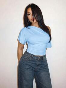 Slaydiva Summer Vacation Beachfront Party Date Birthday Night Out Elegant Casual Off-Shoulder Loose Fit Waist Pleated Light Blue T-Shirt Top-A,Summer Top - Baby Blue - View 3