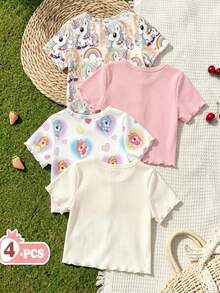 [4 Potong] Set Kaos Lengan Pendek Motif Unicorn Lucu untuk Bayi Perempuan, Gaya Kasual, Sekolah / Jalan-jalan, Musim Panas / Musim Semi & Musim Gugur. - MultiWarna - View 2