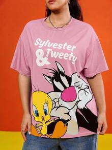 LOONEY TUNES X SHEIN 大码女式圆领短袖休闲T恤 - 粉色 - 查看 4