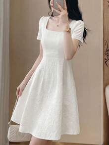 Celisse Elegant French Light Luxury Style Jacquard Square Neck Short Sleeve Waist-Defining Slimming A-Line Commuter Vacation Spring Summer Women's Dress - White - View 6