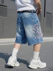 Manfinity EMRG 男士街頭風休閒刺繡藍色牛仔短褲 - 中等水洗藍 - 查看 7