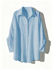 SHEIN Swim Women's Solid Color Rolled Sleeve Single-Breasted Loose Kimono Cover-Up - Baby Blue - View 7