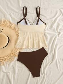 Swim Lushoire Women's Summer Beach Vacation Vacation Ruffled Hem Tank Top Bikini Swimsuit Set,White Black Wavy Pattern Tanki Swimsuit Set Sexy - Beige - View 2