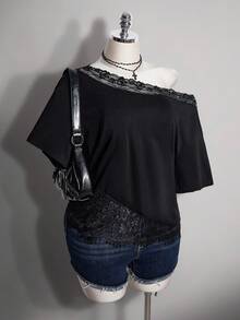 SHEIN ICON Plus Size Y2K Vintage Asymmetric Shoulder Lace Patchwork Loose T-Shirt - Black - View 5