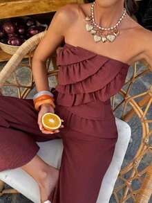 SHEIN PETITE Women's Spring/Summer Ruffle Waist Cinched Bandeau Top And Casual Loose Long Pants Vacation Set - Red - View 4