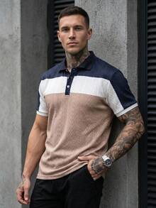 Manfinity CasualCool 男士時尚翻領 Polo 衫，針織面料，夏季通勤不重複穿搭，商務休閒上衣，適合儀式場合 - 藍色 - View 7