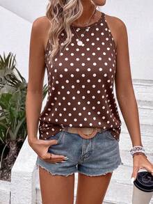 EMERY ROSE Atasan Tank Top Camisole Kasual Modis Model Baru dengan Motif Polkadot Putih dan Dasar Cokelat Kopi Vintage. - MultiWarna - View 4