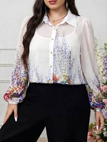 Modelyn Plus Size Women's Floral Pattern Lantern Sleeve Single Breasted Elegant Blouse - White - View 1