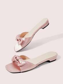 CUCCOO DOLLMOD Champagne Ribbon Bow Low Heels - Square Toe Slippers/Flats For Parties, Weddings Or Bridal Dress-Up Occasions Summer - Champagne - View 4