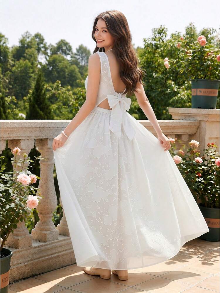 shein white formal dress Teen Girl Dress, 3D Floral Chiffon Fabric Long With Backless Design And Detachable Bow, Lightweight And Soft Fabric, Suitable For Vacation, Graduation, Back To School, Wedding Season, Various shein formal dresses