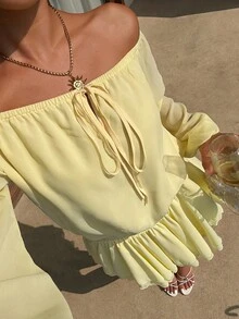 Sunnyshic Women's Autumn Pale Yellow Chiffon Off-Shoulder Mini Dress, Beach Vacation Outfit, Italian Rave - Yellow - View 6
