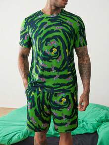Rick and Morty X SHEIN Set da uomo con top a maniche corte girocollo colorblock con stampa cartoni animati e pantaloncini, casual per uso quotidiano e abbigliamento da casa - Verde - Visualizzare 4