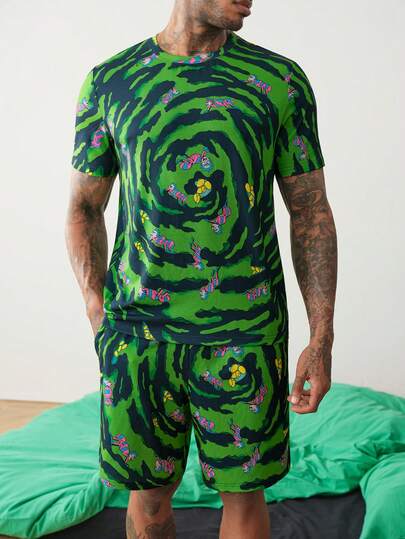 Rick and Morty X SHEIN 男士圓領撞色卡通印花短袖上衣與短褲休閒日常居家套裝