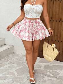 Sunnyshic Plus Size French Vintage Print Shorts, Shirred, Lace-Up, Ruffle, Elastic Waist Concealing Shorts, Blue Porcelain White Ruched Ruffle Mini Pants, High Waist Patchwork Shirred Pants, Suitable For Summer Vacation And Beach Trips, Travel Photography, Dates - Multicolor - View 4