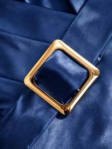 Franclia Women's Elegant Commuter V-Neck Bodycon Fitted Business Satin Stretch Glossy Metal Buckle Dress, Spring/Summer Inner Layer Dress - Navy Blue - View 5