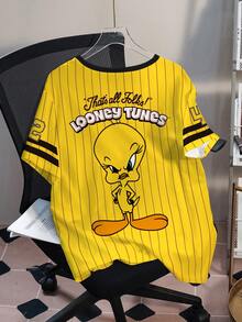 LOONEY TUNES X SHEIN 大码夏季休闲条纹卡通图案圆领短袖T恤 - 白色 - 查看 2