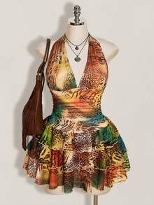 SHEIN ICON Plus Size Leopard Print Halter Neck Tie Waist Ruched Multi-Layered Tiered Mesh Dress - Multicolor - View 3