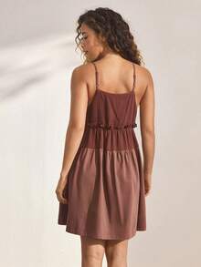 Ocili Bohemian Style Women's Contrast Color Ruffle Hem Camisole Nightgown Sleepwear Dress - Burgundy - View 4