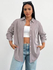 SHEIN Essnce Plus Size Women's Spring/Autumn Casual Traditional Loose Comfortable All-Match White Button Long Sleeve Shirt Outing Work Office Formal Top Teachers' Day - Brown - View 9