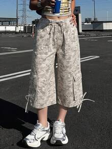 DAZY Women's Camouflage Pattern Waist Tie Cargo Pocket Capri Jeans Vacation Gray Summer Baggy Streetwear - Beige - View 4